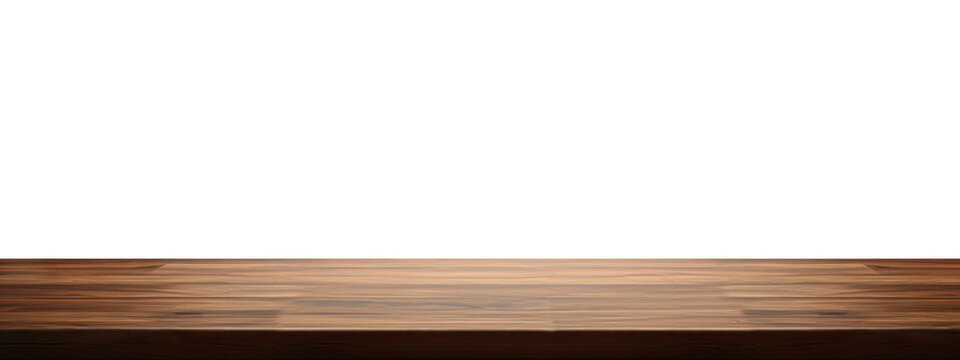 Isolated empty massive wooden table for product placement with transparent background, frontal view.