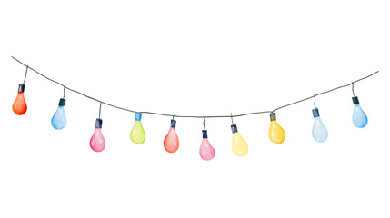 Watercolor string of Christmas lights isolated on transparent background. Generative ai