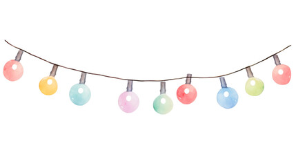 Watercolor string of Christmas lights isolated on transparent background. Generative ai - obrazy, fototapety, plakaty