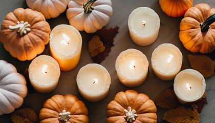 Aerial view of candles and fall pumpkins: capturing cozy autumn vibes. Candle lit seasonal decor...