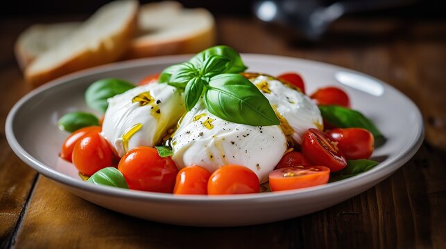 Italian Burrata Cheese, Fresh Basil, And Cherry Tomatoes. 