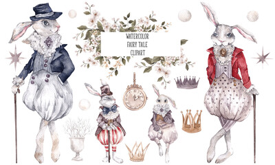 Watercolor fairy tale illustration. Miracle animals, castle, moon, vintage botanical. Pretty bunny, cats and goose.