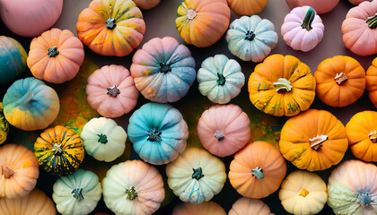 Aerial view of fall pumpkins: rainbow paint meets autumnal colors to emphasize nature's bounty. Orange, pink, and blue pumpkins during sunset, seasonal decor for Halloween, fall, autumn, or October. - obrazy, fototapety, plakaty