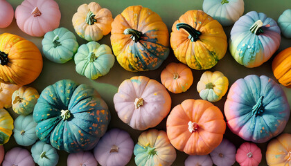 Aerial view of fall pumpkins: rainbow paint meets autumnal colors to emphasize nature's bounty. Orange, pink, and blue pumpkins during sunset, seasonal decor for Halloween, fall, autumn, or October.