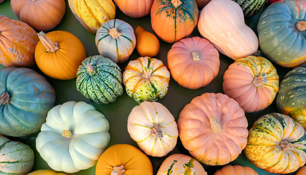 Aerial view of fall pumpkins: rainbow paint meets autumnal colors to emphasize nature's bounty. Orange, pink, and blue pumpkins during sunset, seasonal decor for Halloween, fall, autumn, or October.
