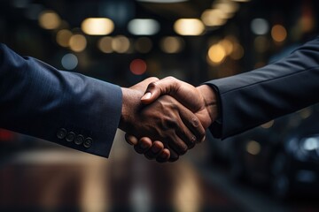 A Deal Done Right: Manager of Car Dealership and Buyer Shake Hands on the Purchase - obrazy, fototapety, plakaty