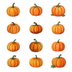 An array of 12 vector illustrated, orange pumpkins of various sizes and shapes on a white background.