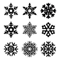 Snowflakes for the Christmas holiday, decorative decorations of New Year's ice floes, black silhouette on a transparent background, vector set for stencil