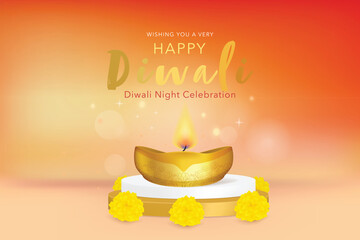 Naklejka premium Happy Diwali greetings. Rangoli decoration with Diya or lamp and toran marigold. vector illustration design