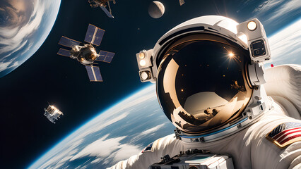 astronaut in space, satellite in the background