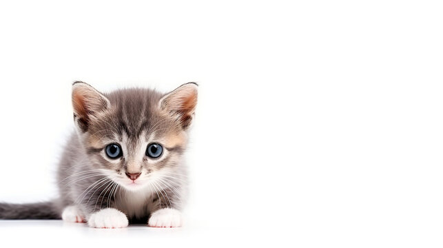 Small gray kitten isolated on white background. Fluffy Kitten with white paws and blue eyes close-up. Cute little gray kitten. Space for text.