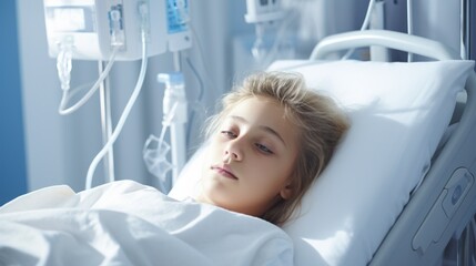 Fototapeta premium Blonde-haired girl lying alert in a hospital bed, amidst intricate medical machinery, illustrating hope and contemplation.. Stop the disease.
