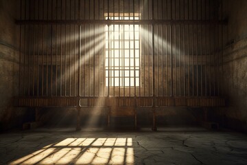 Sunlit prison cell with beams of light shining through a barred window. Generative AI
