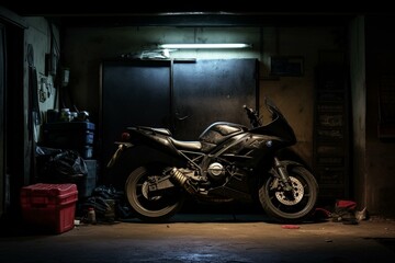 Motorbike in poorly illuminated storage. Generative AI