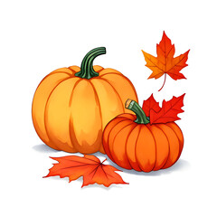 simple orange pumpkin and autumn maple leaves isolated on white background
