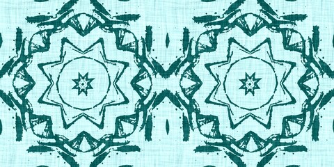 Fototapeta premium Teal green white vibrant watercolor batik azulejos tile border banner background. Seamless aqua coastal blur linen effect geometric mosaic effect.Boho Patchwork nautical masculine summer ribbon trim. 