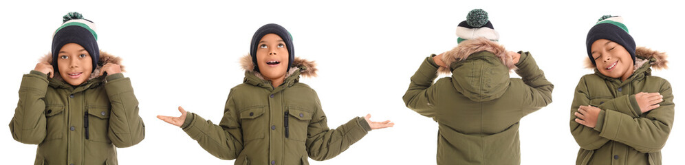 Set of African-American boy in winter clothes on white background