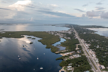 Aerial view of Key Largo, Florida seascape cityscape in the Florida Keys landscape with boats and yachts on the ocean
