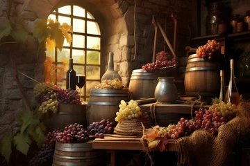 Fotobehang A rustic setting with bottles, wineglasses, grapes, and barrels portraying traditional winemaking and wine tasting. Generative AI © Virelai