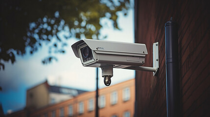CCTV white Camera, School, Brick Wall, High-Tech Surveillance - Generative AI - obrazy, fototapety, plakaty