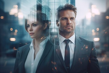 Two individuals dressed in business attire stand before a beautiful urban landscape.