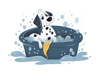 A cute dalmatian puppy dog sitting in a bath tub with water and bubbles. line drawing cartoon illustration. - obrazy, fototapety, plakaty