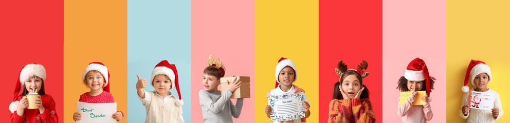 Set of children in Christmas and winter clothes on color background