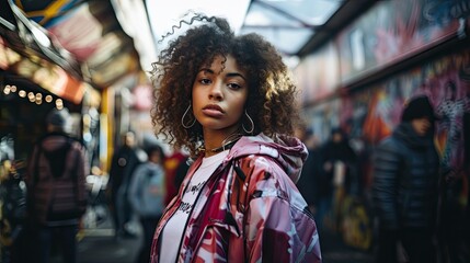 A young urban woman stands in front of colorful graffiti on a brick wall - obrazy, fototapety, plakaty