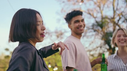 Festive students dancing rooftop party closeup. Happy friends enjoying beverages