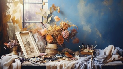 Tastefully arranged table with a vase filled with dried flowers, accompanied by a selection of books
