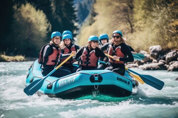 A group of people aboard a sturdy raft, skillfully maneuvering through the wild currents
