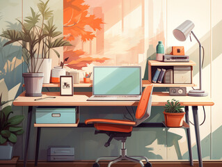 Workspace that contains desks, chairs, tools and computers in 2d flat style illustration. Neatly arranged and brightly colored. Decorated with decorative trees.
