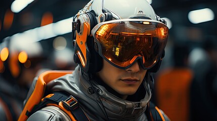 Fearless woman donning a sleek,high-tech suit and a futuristic helmet, ready to conquer the unknown.