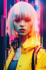 Fototapeta premium Glitch portrait, asian youth modern clothes, vibrant colors, white hair contrasting beautifully