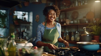 elderly black woman is seen in a kitchen, skillfully preparing food with focused concentration - obrazy, fototapety, plakaty