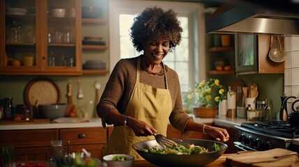 a mature black woman is engaged preparing food In a kitchen, showcasing her culinary expertise
