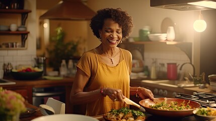 a mature black woman is engaged preparing food In a kitchen, showcasing her culinary expertise - obrazy, fototapety, plakaty