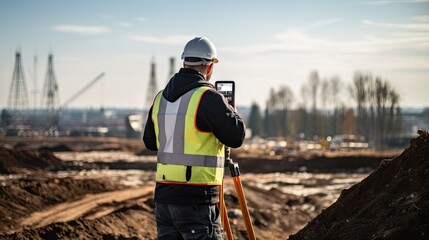 worker in a safety vest and hard hat is utilizing a surveying instrument to measure a construction
