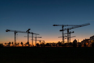 Silueta de conjunto de torres de grúas al atardecer en un terreno donde se están realizando obras...