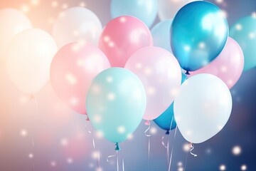 A festive arrangement of brightly colored balloons contrasted against a cool blue backdrop.