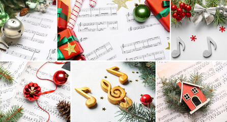 Christmas collage with music sheets, notes and decor
