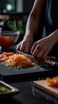 A close-up image of a chef meticulously preparing food on a cutting board.