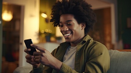 young black woman smiles as she uses her phone in modern tv spot style image - obrazy, fototapety, plakaty