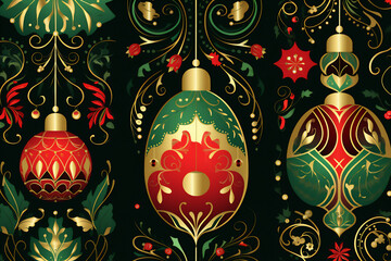 background illustration with Christmas motifs in red green and gold tones