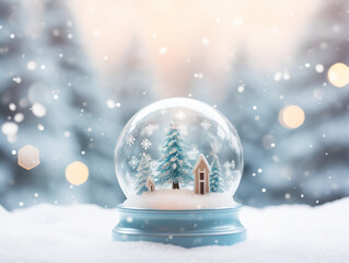 Fototapeta na wymiar Christmas snow globe with snowflakes, fir trees and houses