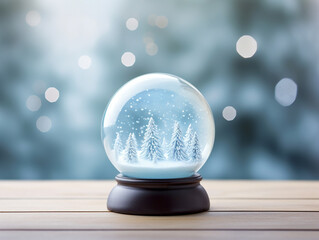 Fototapeta na wymiar Christmas snow globe with snowflakes and pine trees