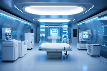 image of an empty futuristic operating room with blue and white illuminations