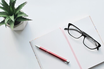 pen and glasses on notebook