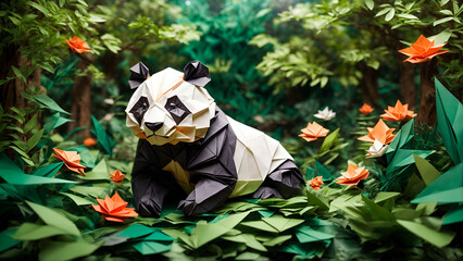 origami panda in a forest