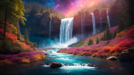 fantasy vibrant colorful waterfall - obrazy, fototapety, plakaty